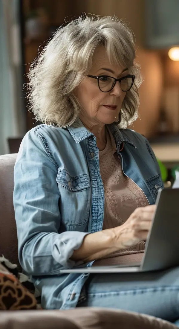 Home Seniorin informiert sich am Laptop über Pflegekassen-Zuschüsse für Treppenlifte